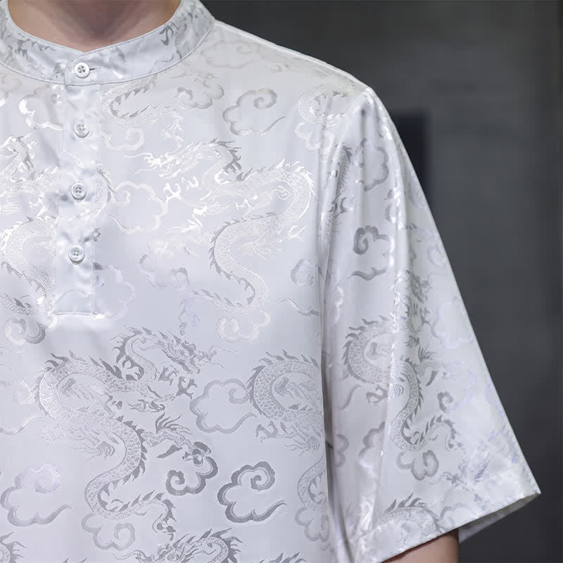 Nimara Ritual Summer Vintage Tang Style Mandarin Collar Dragon Clouds Pattern Men's Short Sleeve Shirts