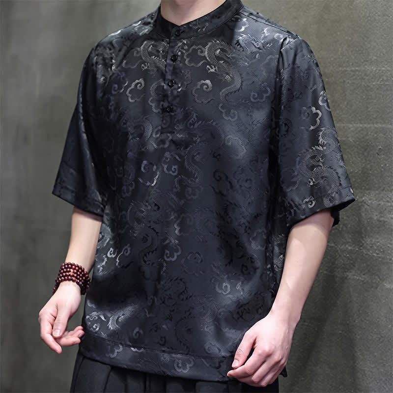 Nimara Ritual Summer Vintage Tang Style Mandarin Collar Dragon Clouds Pattern Men's Short Sleeve Shirts