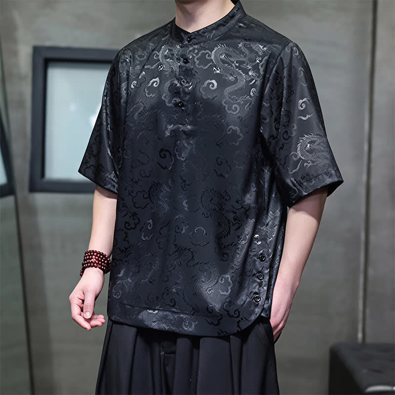 Nimara Ritual Summer Vintage Tang Style Mandarin Collar Dragon Clouds Pattern Men's Short Sleeve Shirts