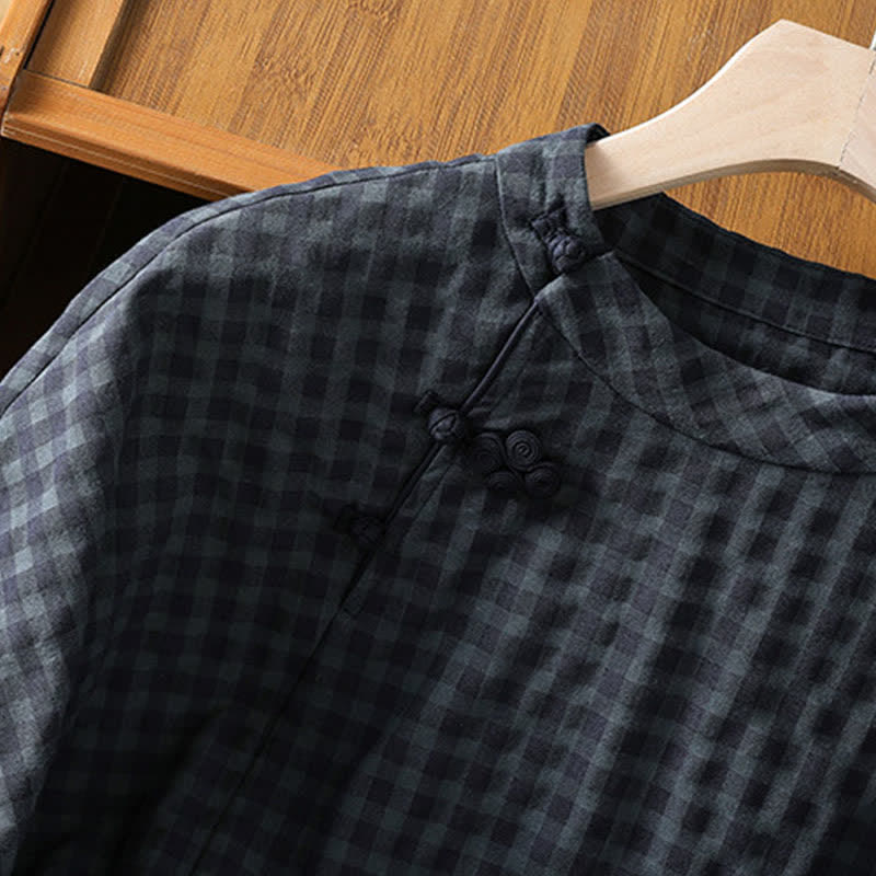 Nimara Ritual Spring Summer Casual Tang Style Mandarin Collar Black Plaid Women's Elbow-Length Shirts