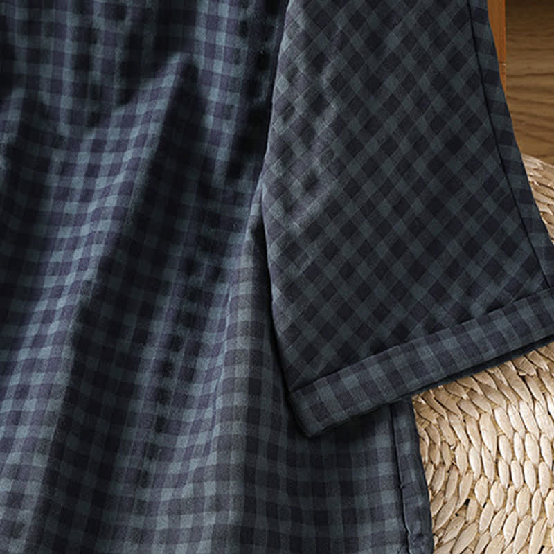 Nimara Ritual Spring Summer Casual Tang Style Mandarin Collar Black Plaid Women's Elbow-Length Shirts