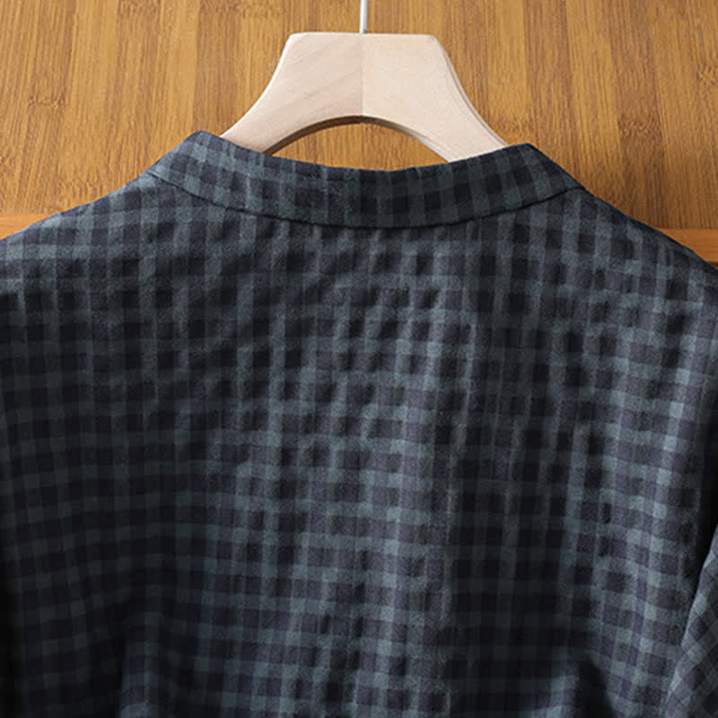 Nimara Ritual Spring Summer Casual Tang Style Mandarin Collar Black Plaid Women's Elbow-Length Shirts