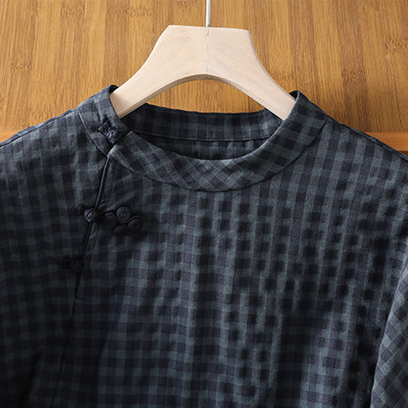 Nimara Ritual Spring Summer Casual Tang Style Mandarin Collar Black Plaid Women's Elbow-Length Shirts