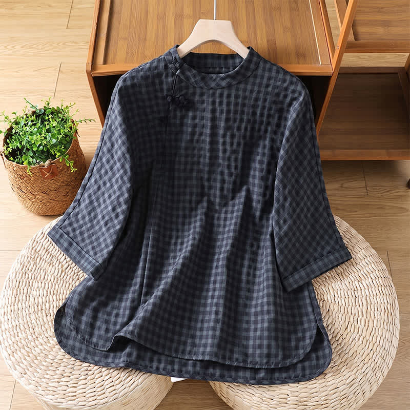 Nimara Ritual Spring Summer Casual Tang Style Mandarin Collar Black Plaid Women's Elbow-Length Shirts