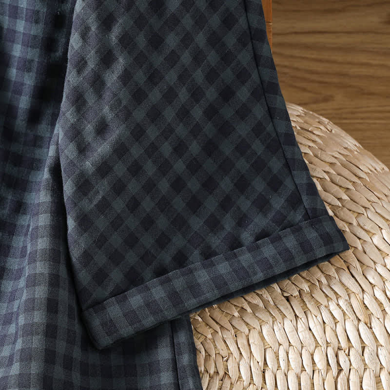 Nimara Ritual Spring Summer Casual Tang Style Mandarin Collar Black Plaid Women's Elbow-Length Shirts