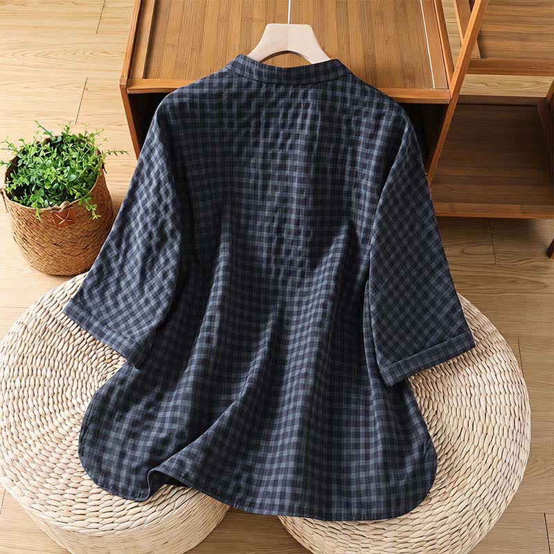 Nimara Ritual Spring Summer Casual Tang Style Mandarin Collar Black Plaid Women's Elbow-Length Shirts