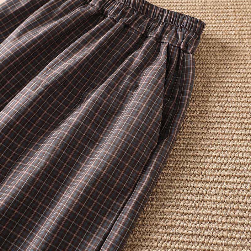 Nimara Ritual Spring Summer Casual Brown Plaid Cropped Pants Women's Wide Leg Pants With Pockets