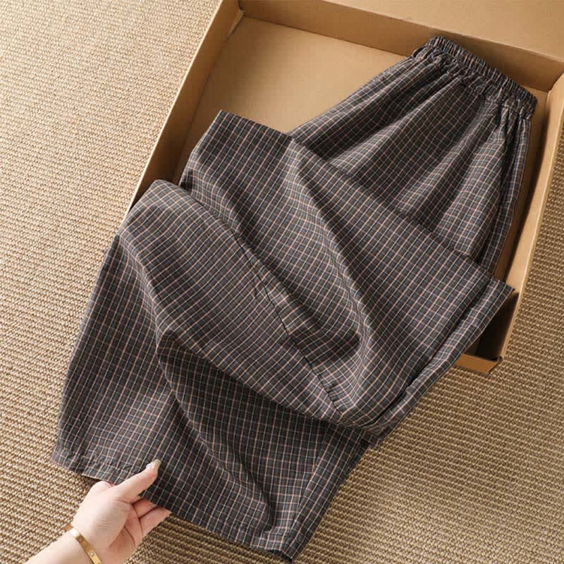 Nimara Ritual Spring Summer Casual Brown Plaid Cropped Pants Women's Wide Leg Pants With Pockets