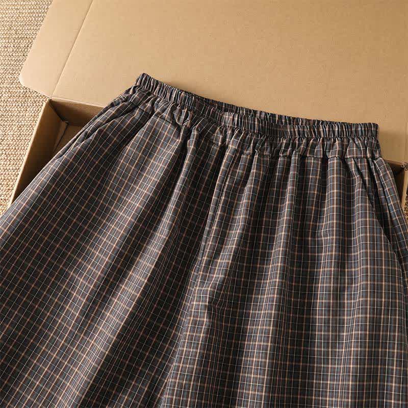 Nimara Ritual Spring Summer Casual Brown Plaid Cropped Pants Women's Wide Leg Pants With Pockets