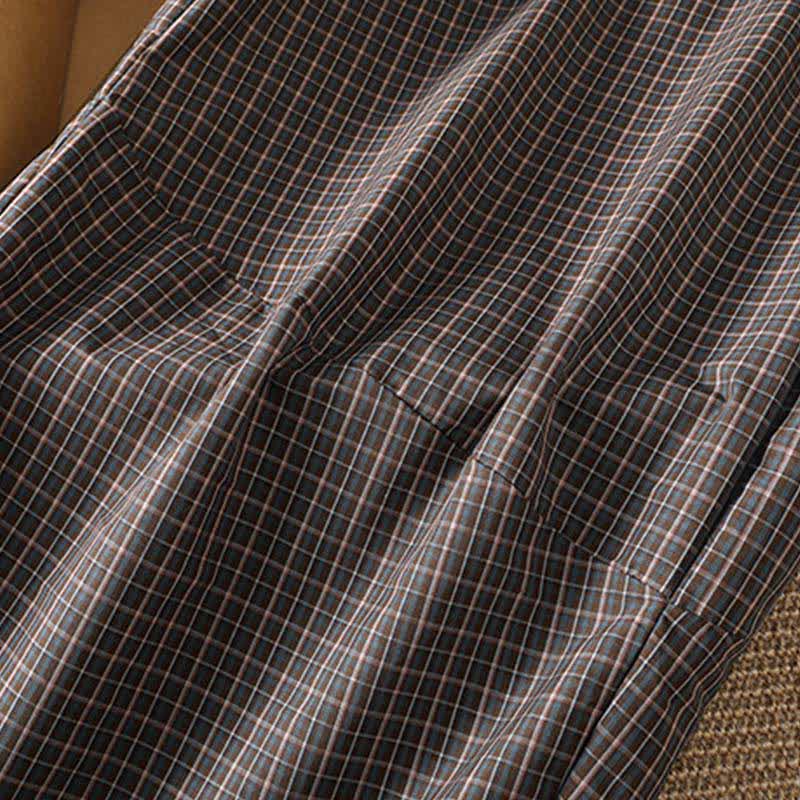 Nimara Ritual Spring Summer Casual Brown Plaid Cropped Pants Women's Wide Leg Pants With Pockets