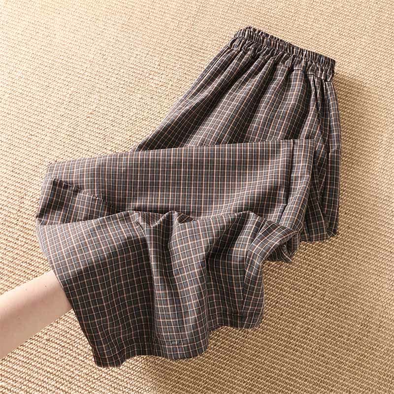 Nimara Ritual Spring Summer Casual Brown Plaid Cropped Pants Women's Wide Leg Pants With Pockets