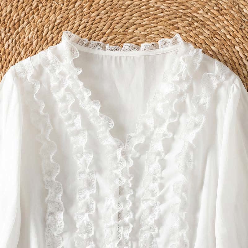 Nimara Ritual Summer Casual Elegant Solid V-Neck Layered Ruffle Women's Three-Quarter Sleeve Shirts