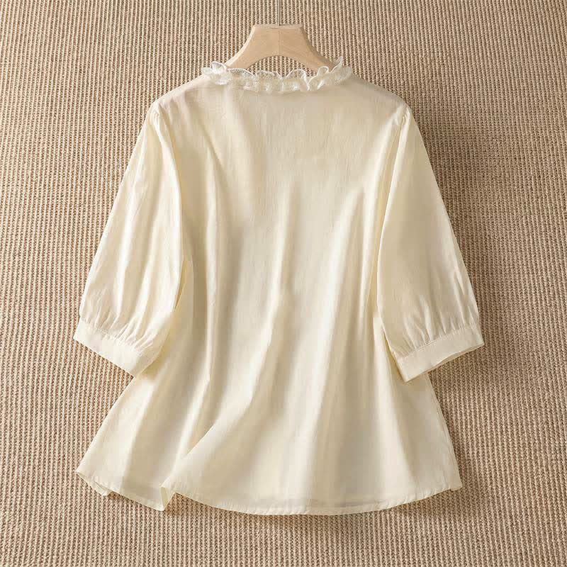Nimara Ritual Summer Casual Elegant Solid V-Neck Layered Ruffle Women's Three-Quarter Sleeve Shirts