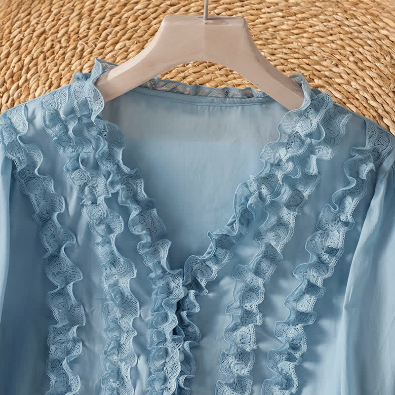 Nimara Ritual Summer Casual Elegant Solid V-Neck Layered Ruffle Women's Three-Quarter Sleeve Shirts
