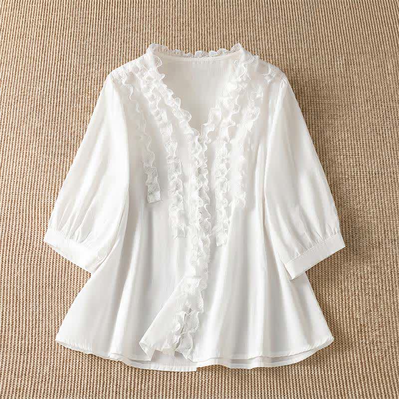 Nimara Ritual Summer Casual Elegant Solid V-Neck Layered Ruffle Women's Three-Quarter Sleeve Shirts