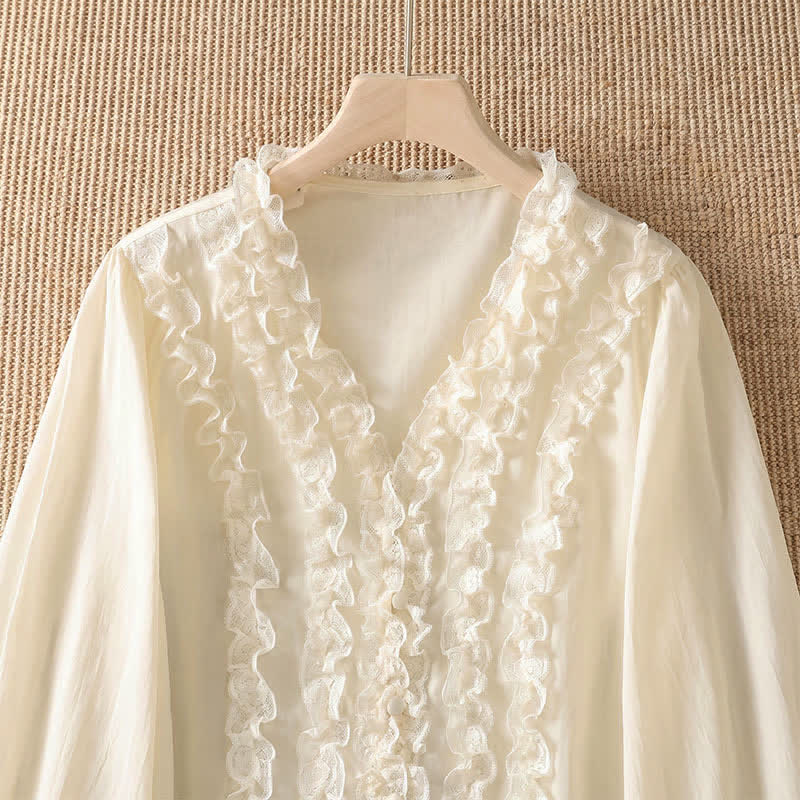 Nimara Ritual Summer Casual Elegant Solid V-Neck Layered Ruffle Women's Three-Quarter Sleeve Shirts