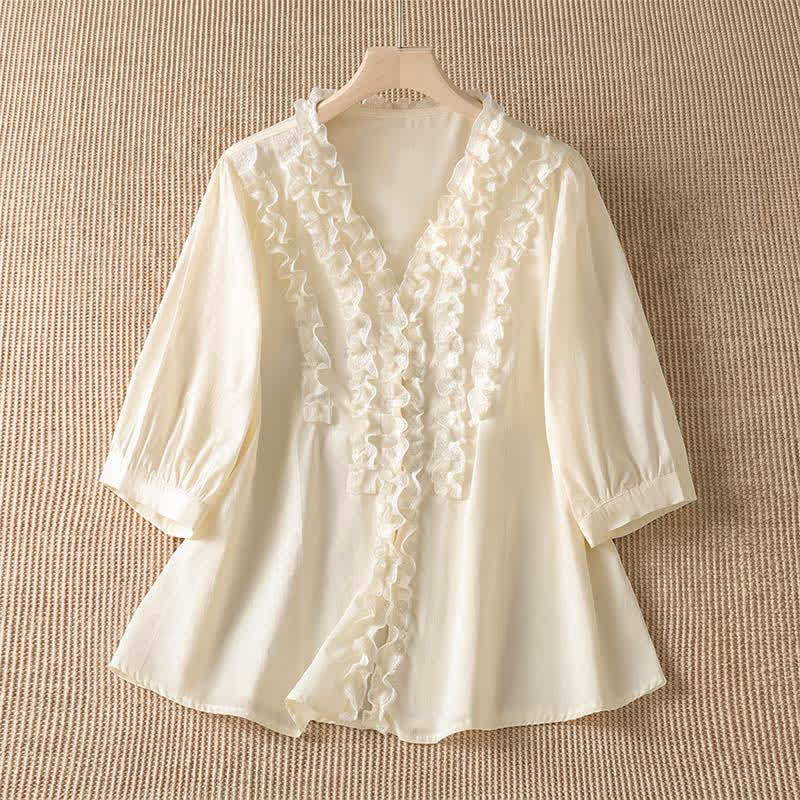Nimara Ritual Summer Casual Elegant Solid V-Neck Layered Ruffle Women's Three-Quarter Sleeve Shirts