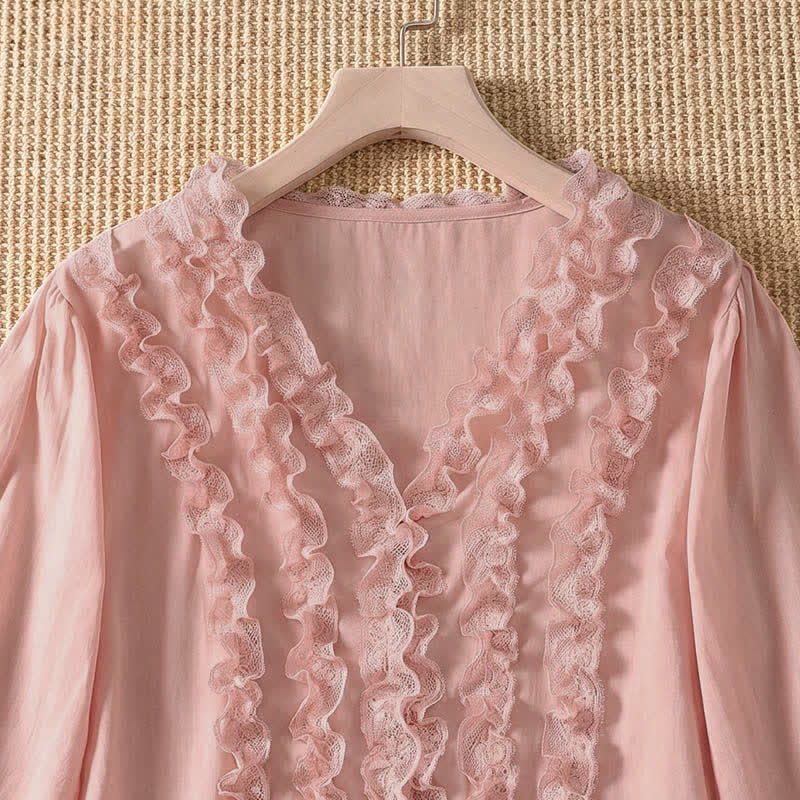 Nimara Ritual Summer Casual Elegant Solid V-Neck Layered Ruffle Women's Three-Quarter Sleeve Shirts