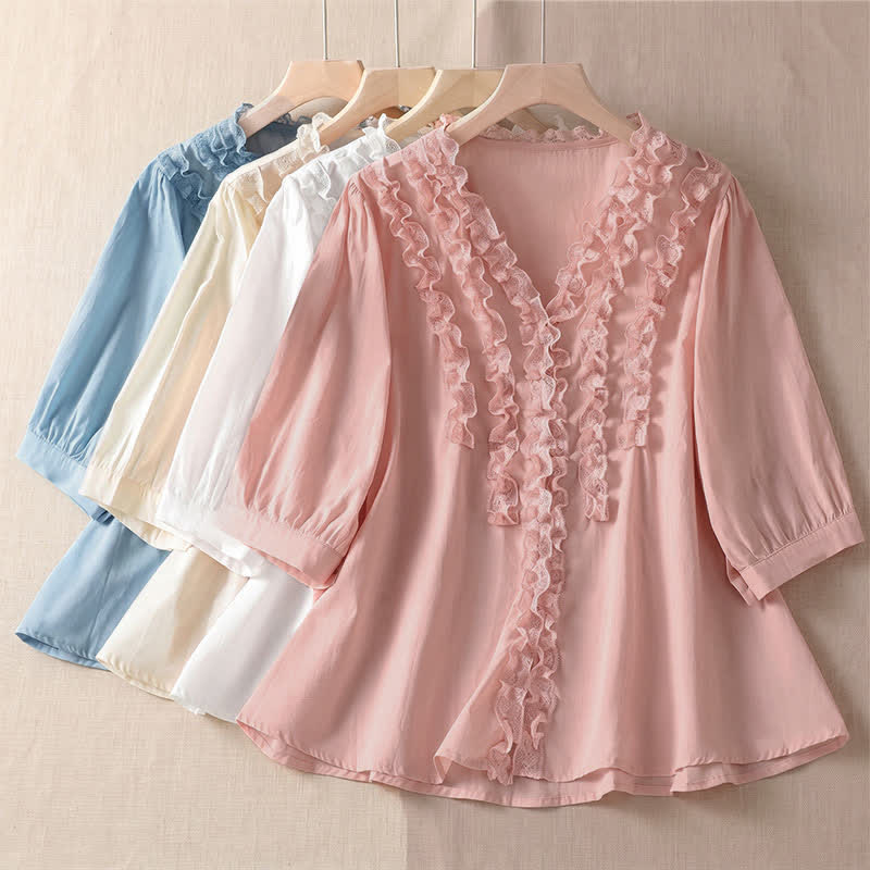 Nimara Ritual Summer Casual Elegant Solid V-Neck Layered Ruffle Women's Three-Quarter Sleeve Shirts