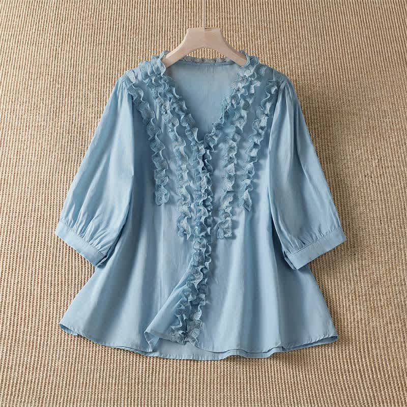 Nimara Ritual Summer Casual Elegant Solid V-Neck Layered Ruffle Women's Three-Quarter Sleeve Shirts