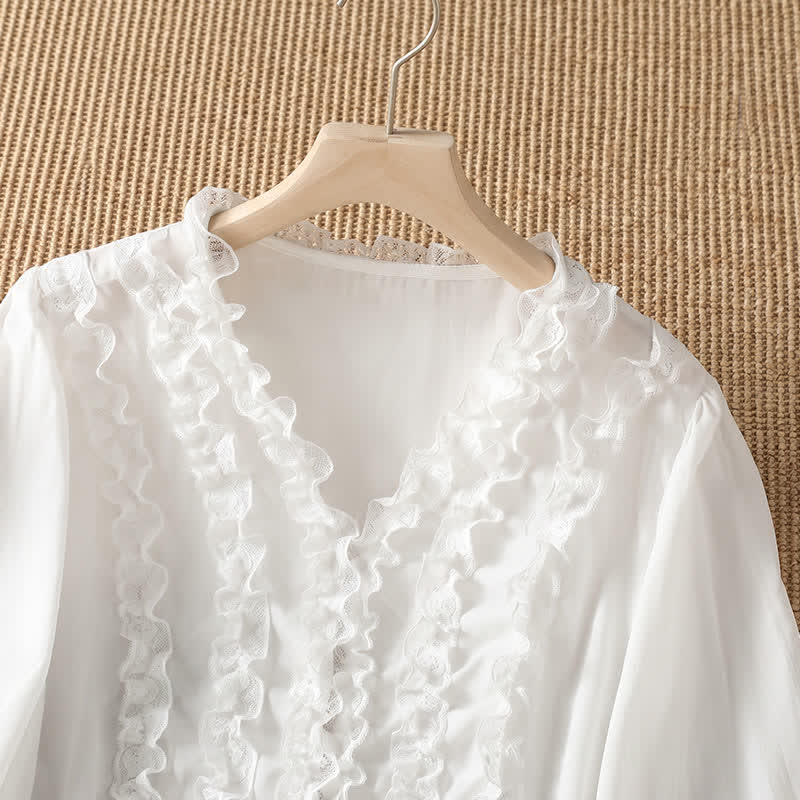 Nimara Ritual Summer Casual Elegant Solid V-Neck Layered Ruffle Women's Three-Quarter Sleeve Shirts