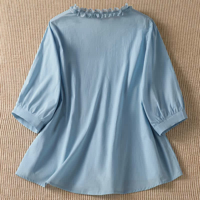 Nimara Ritual Summer Casual Elegant Solid V-Neck Layered Ruffle Women's Three-Quarter Sleeve Shirts