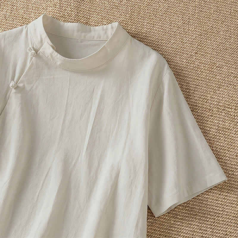 Nimara Ritual Summer Casual Tang Style Frog Button Crew Neck Solid Women's Short Sleeve Shirts