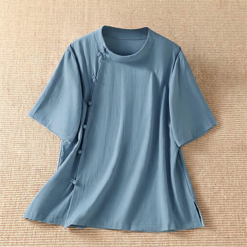 Nimara Ritual Summer Casual Tang Style Frog Button Crew Neck Solid Women's Short Sleeve Shirts