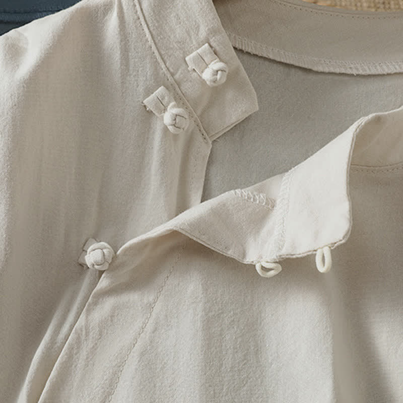 Nimara Ritual Summer Casual Tang Style Frog Button Crew Neck Solid Women's Short Sleeve Shirts