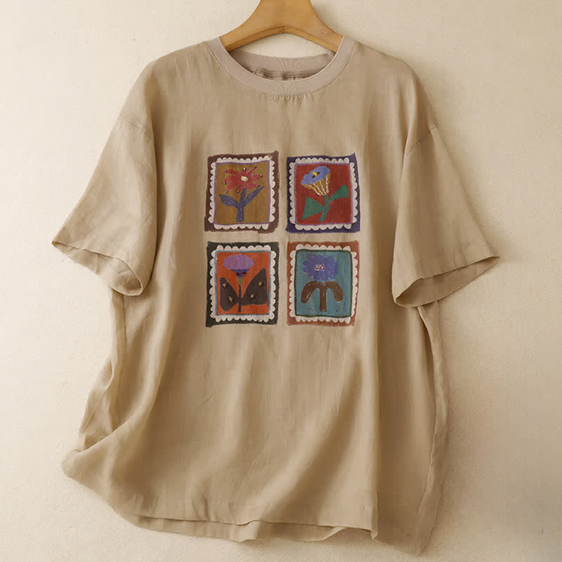 Nimara Ritual Summer Casual Vintage Floral Square Patchwork Women's Short Sleeve T-Shirts