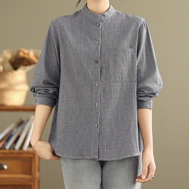 Nimara Ritual Summer Casual Tang Style Mandarin Collar Striped Women's Long Sleeve Shirts With Patch Pocket