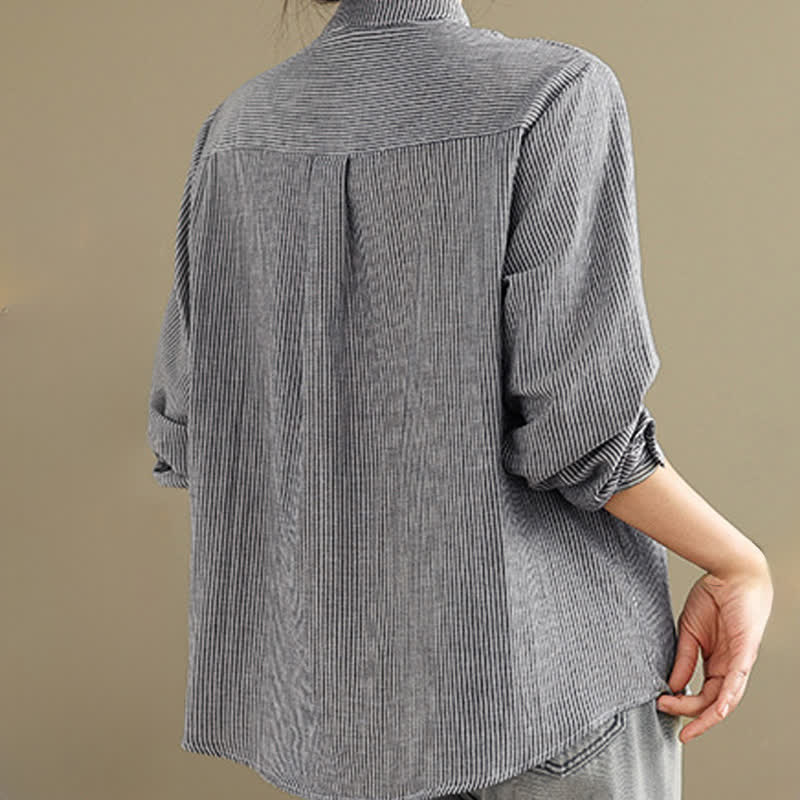 Nimara Ritual Summer Casual Tang Style Mandarin Collar Striped Women's Long Sleeve Shirts With Patch Pocket
