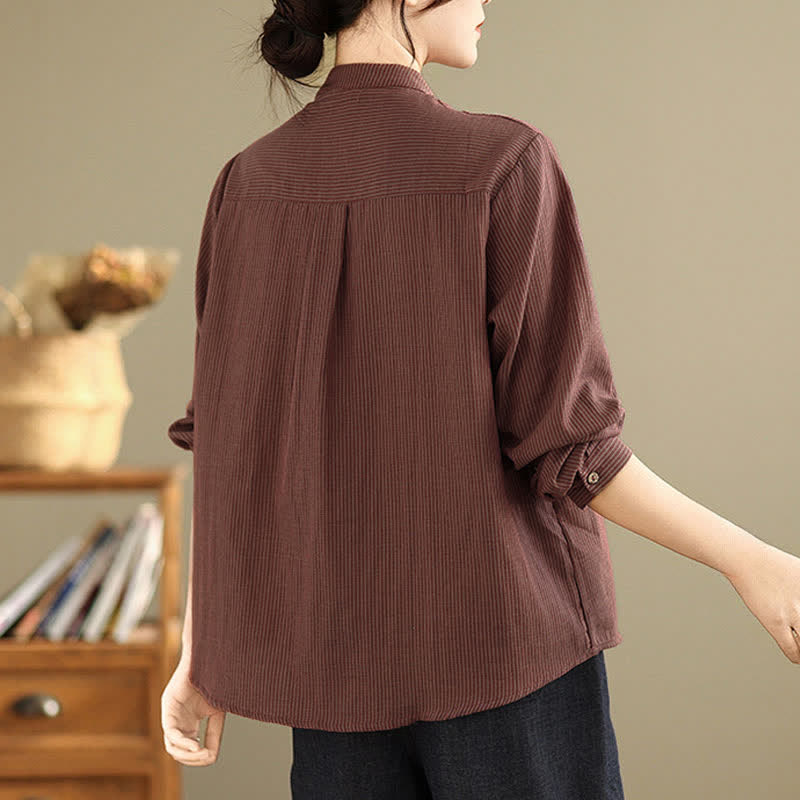 Nimara Ritual Summer Casual Tang Style Mandarin Collar Striped Women's Long Sleeve Shirts With Patch Pocket