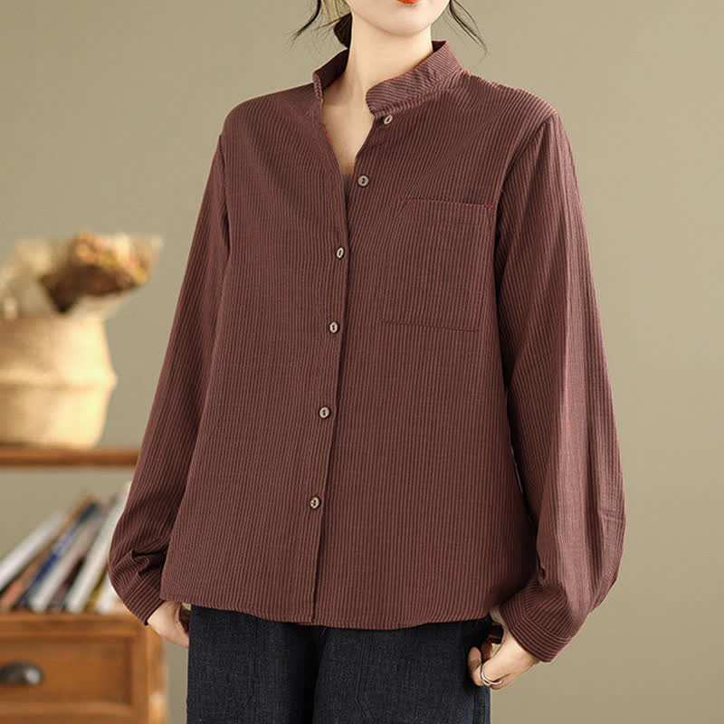 Nimara Ritual Summer Casual Tang Style Mandarin Collar Striped Women's Long Sleeve Shirts With Patch Pocket