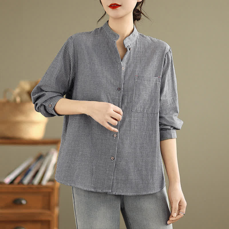 Nimara Ritual Summer Casual Tang Style Mandarin Collar Striped Women's Long Sleeve Shirts With Patch Pocket