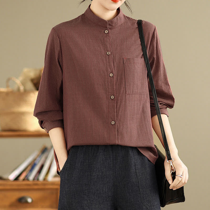 Nimara Ritual Summer Casual Tang Style Mandarin Collar Striped Women's Long Sleeve Shirts With Patch Pocket