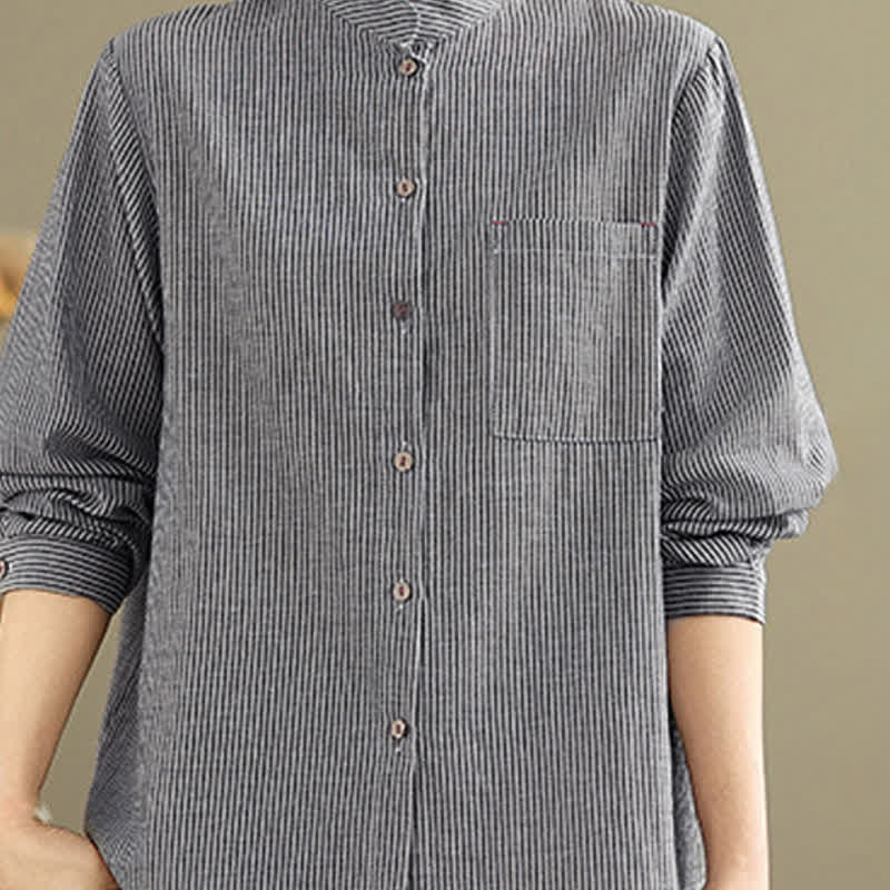 Nimara Ritual Summer Casual Tang Style Mandarin Collar Striped Women's Long Sleeve Shirts With Patch Pocket