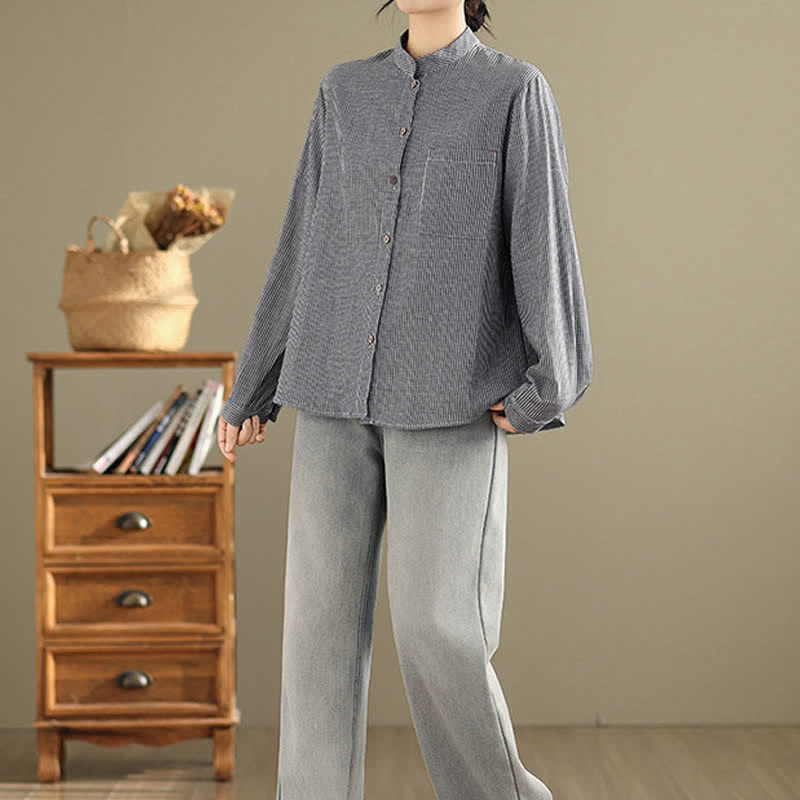 Nimara Ritual Summer Casual Tang Style Mandarin Collar Striped Women's Long Sleeve Shirts With Patch Pocket