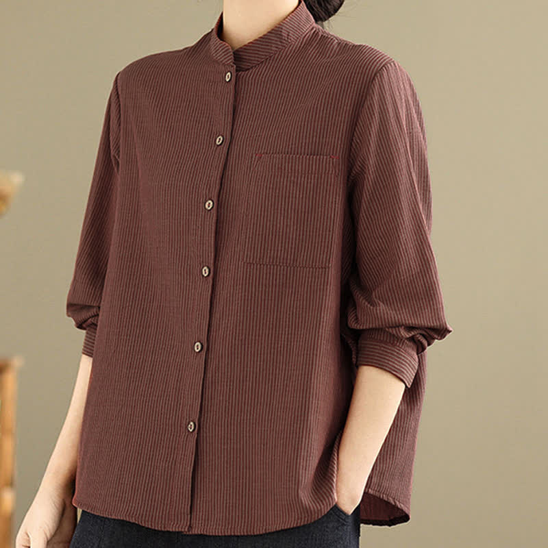Nimara Ritual Summer Casual Tang Style Mandarin Collar Striped Women's Long Sleeve Shirts With Patch Pocket