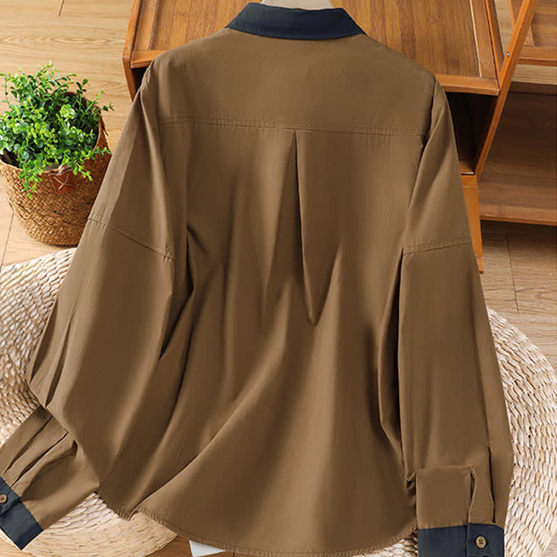 Nimara Ritual Summer Casual Minimalist Solid Contrast Trim Women's Long Sleeve Shirts With Patch Pocket