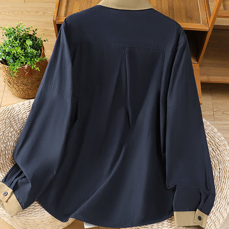 Nimara Ritual Summer Casual Minimalist Solid Contrast Trim Women's Long Sleeve Shirts With Patch Pocket