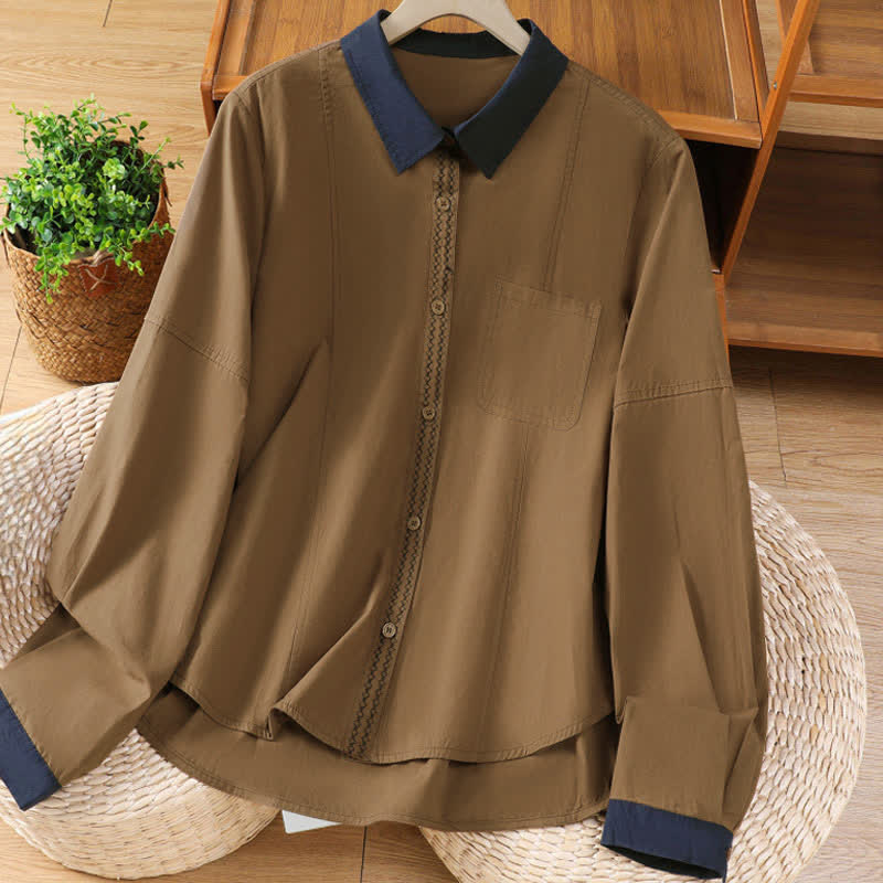 Nimara Ritual Summer Casual Minimalist Solid Contrast Trim Women's Long Sleeve Shirts With Patch Pocket