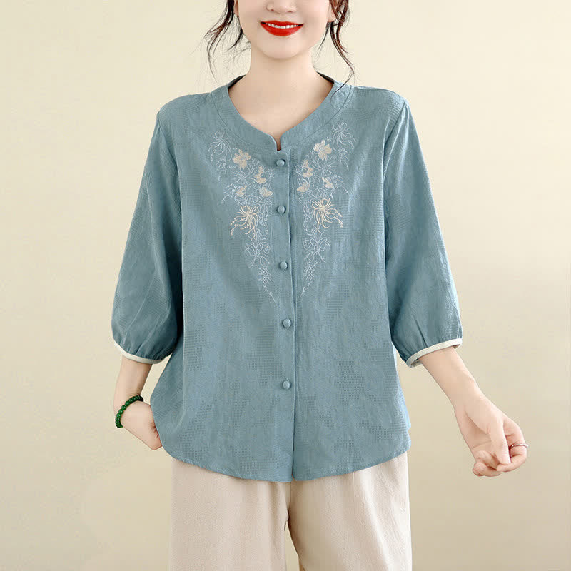 Nimara Ritual Summer Vintage Tang Style Embroidery Floral Women's Three-Quarter Sleeve Shirts