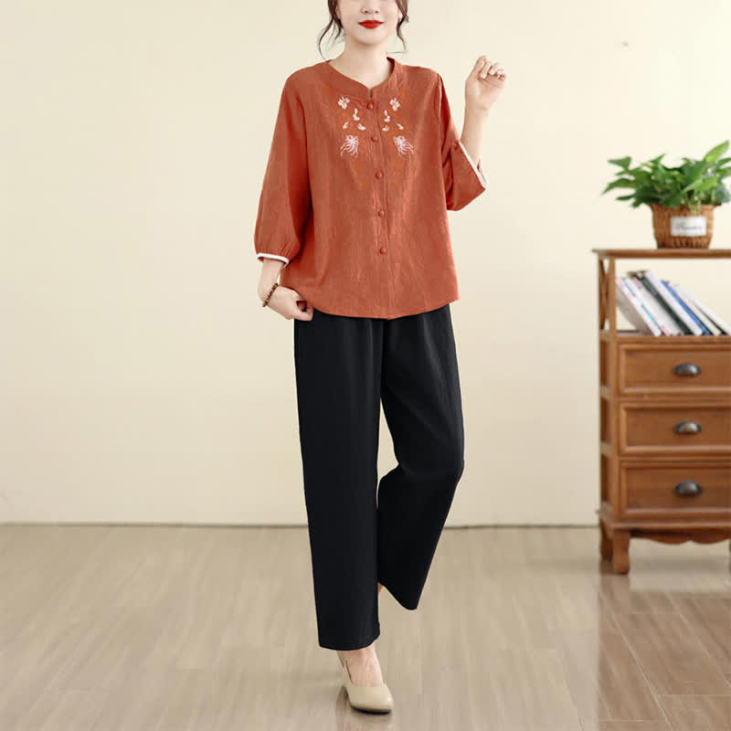 Nimara Ritual Summer Vintage Tang Style Embroidery Floral Women's Three-Quarter Sleeve Shirts