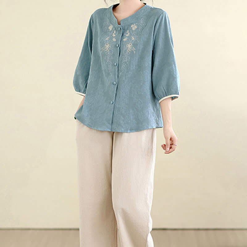 Nimara Ritual Summer Vintage Tang Style Embroidery Floral Women's Three-Quarter Sleeve Shirts