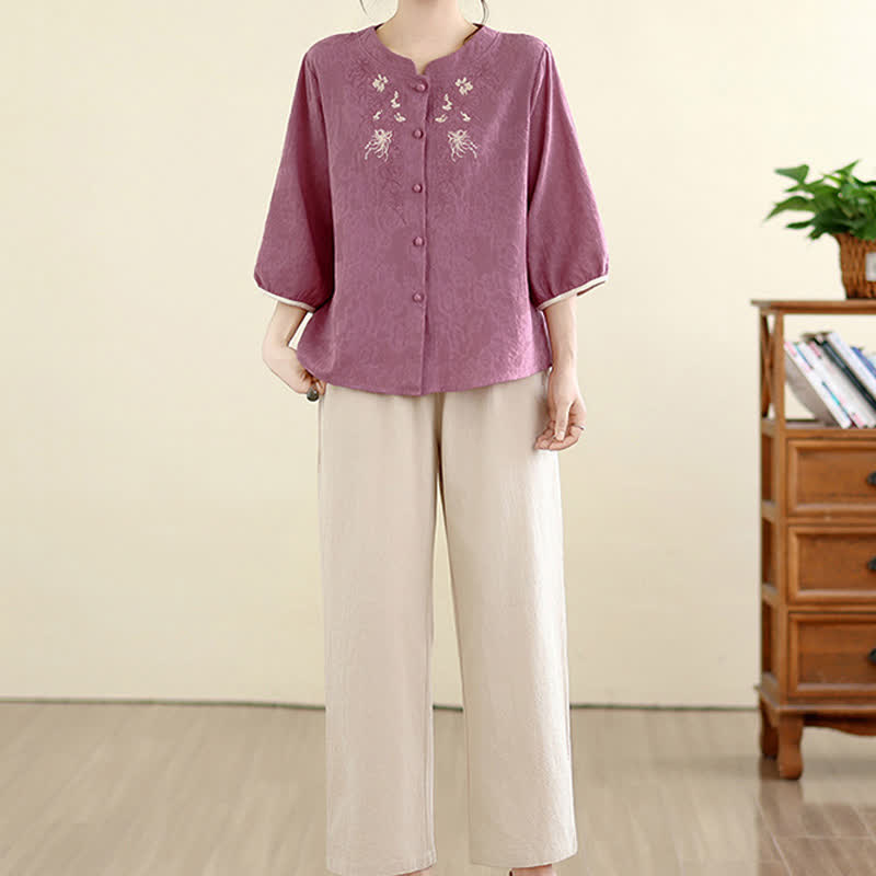 Nimara Ritual Summer Vintage Tang Style Embroidery Floral Women's Three-Quarter Sleeve Shirts