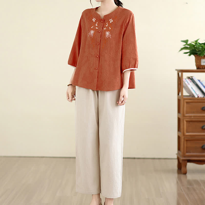 Nimara Ritual Summer Vintage Tang Style Embroidery Floral Women's Three-Quarter Sleeve Shirts