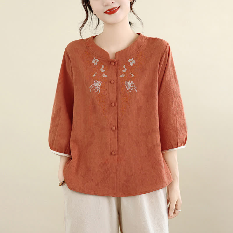 Nimara Ritual Summer Vintage Tang Style Embroidery Floral Women's Three-Quarter Sleeve Shirts