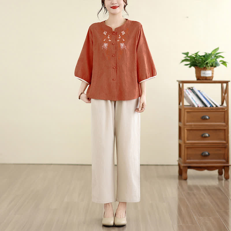 Nimara Ritual Summer Vintage Tang Style Embroidery Floral Women's Three-Quarter Sleeve Shirts