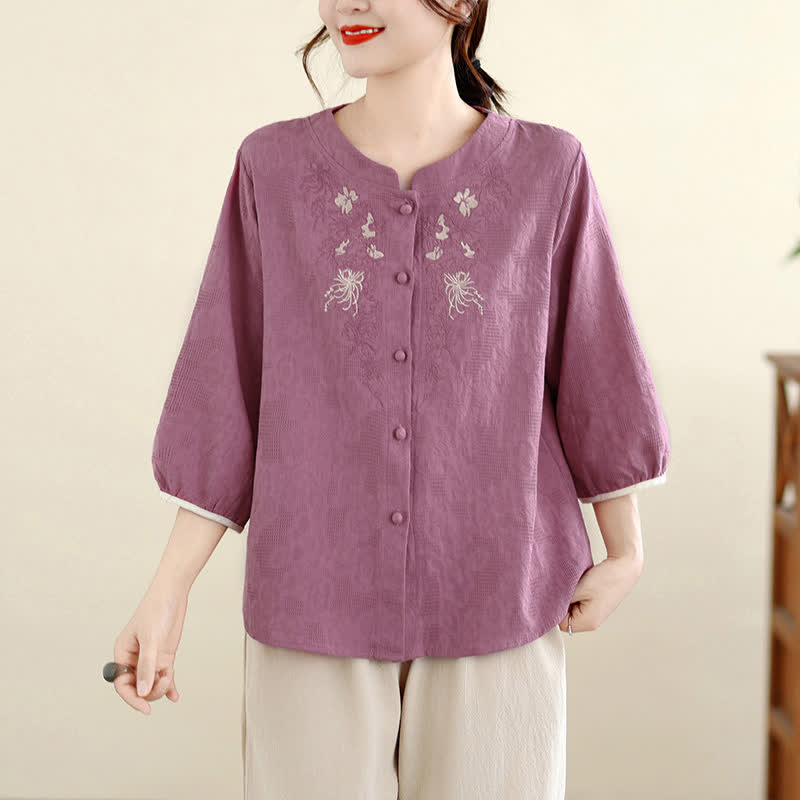Nimara Ritual Summer Vintage Tang Style Embroidery Floral Women's Three-Quarter Sleeve Shirts